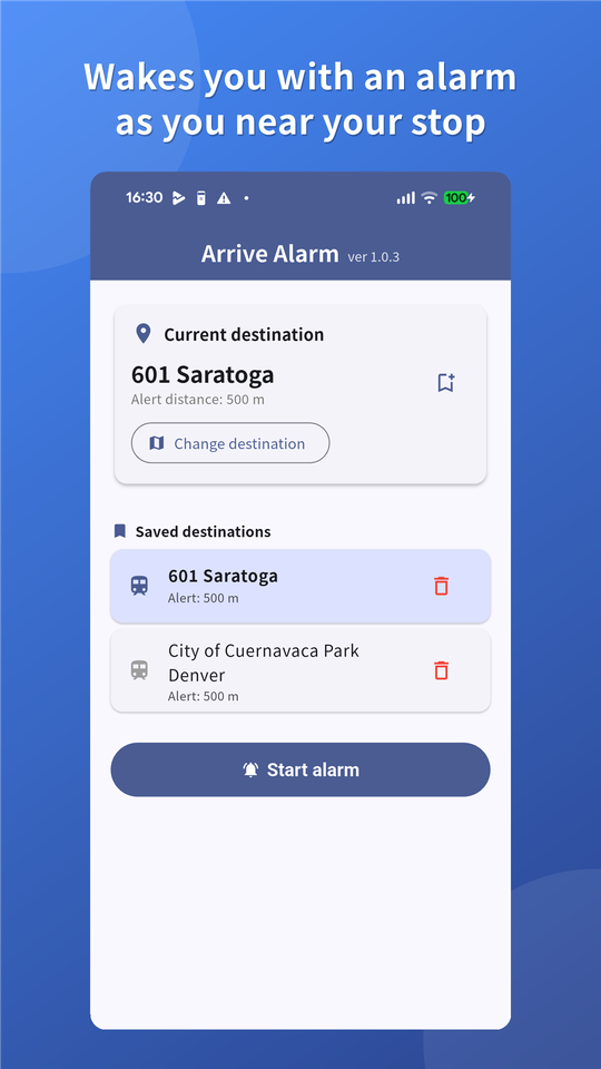 Arrive Alarm home screen with saved destinations