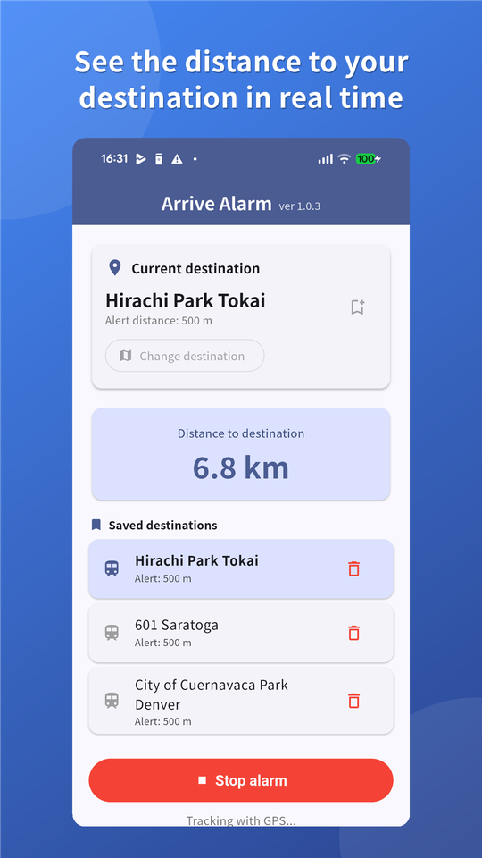 Live distance to the destination shown in Arrive Alarm