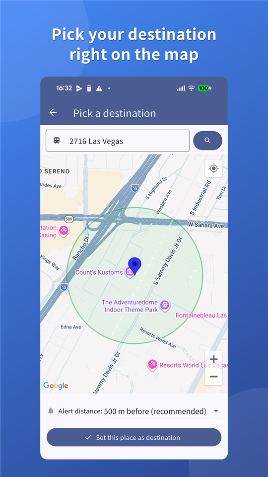 Picking the destination on the map in Arrive Alarm